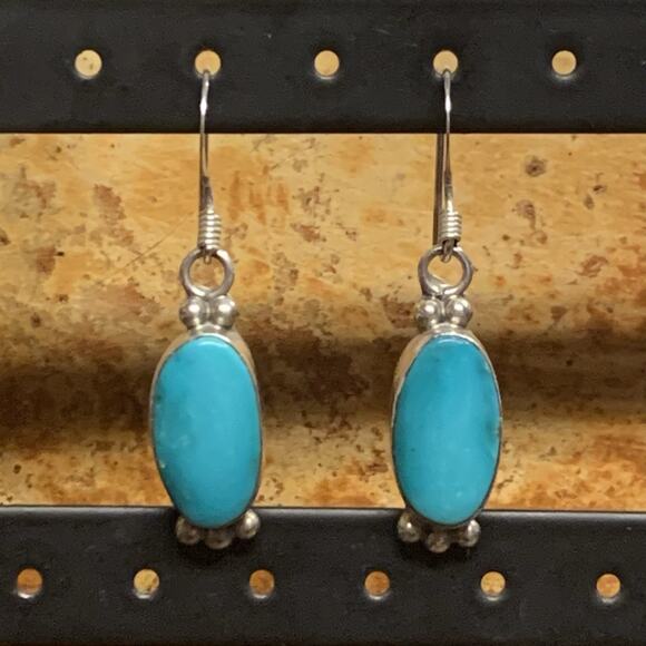 Vintage Sterling Silver and Turquoise Oval Shape Dangle Earrings - Picture 3 of 7
